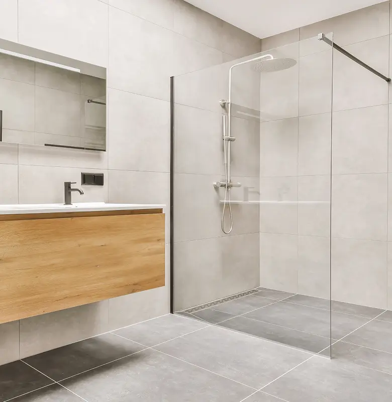 Mamparas para baño Mallorca MC | ducha gris con mampara de cristal