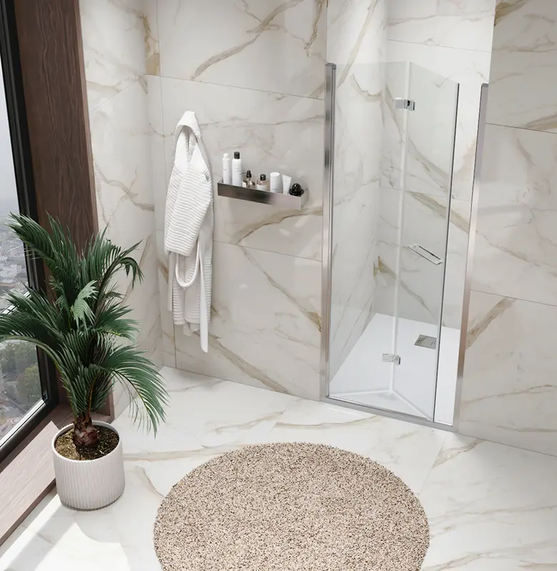 Mampara ducha plegable en Mallorca | mampara en baño de mármol