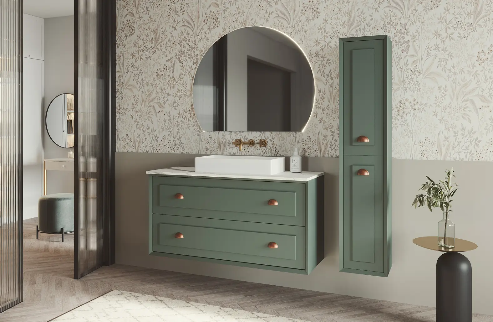 Muebles de baño en Mallorca MC | mueble suspendido verde en baño con papel